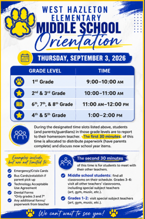 WHEMS orientation schedule for 2026 - there is a paw print in yellow. The orientation is thursday september 3 2026.