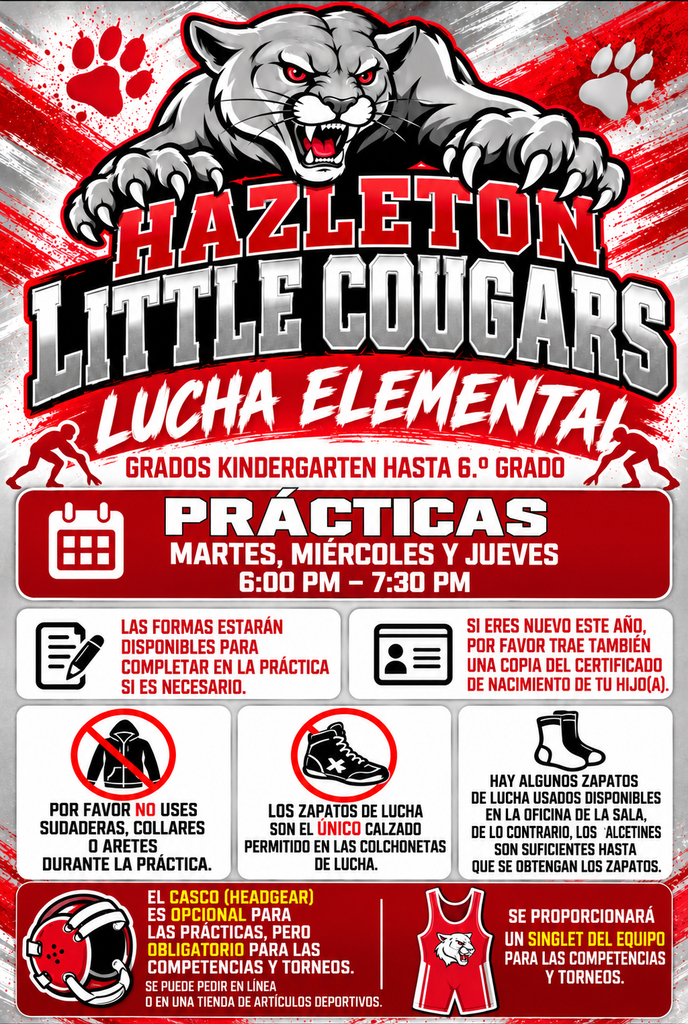 little cougars wresting flyer with practice information Spanish