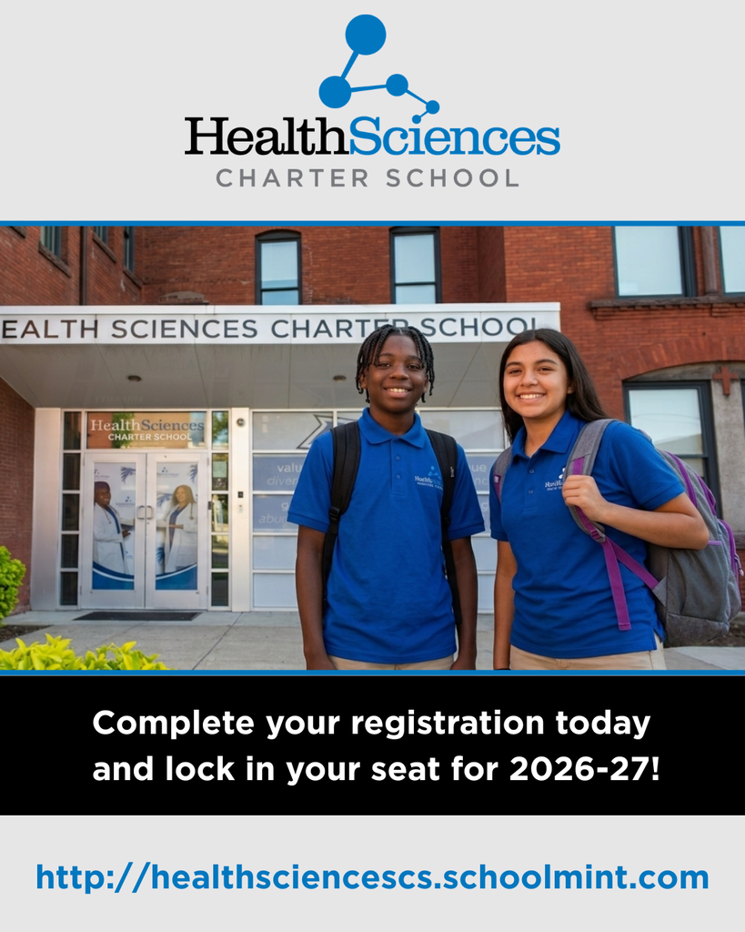 Photo of two students standing outside of Health Sciences Charter School.
