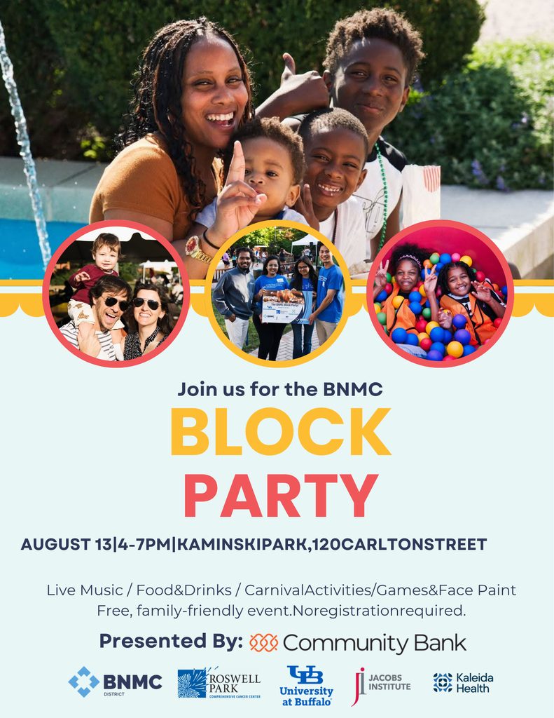 Promotional flyer for the BNMC Block Party on August 13 from 4:00 PM to 7:00 PM at Kaminski Park, 120 Carlton Street. The flyer features photos of smiling families and children enjoying outdoor activities and a ball pit. Features listed include live music, food and drinks, carnival activities, games, and face paint. It notes that the event is free, family-friendly, and requires no registration.