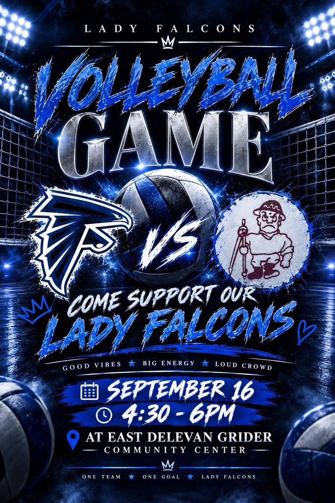 Promotional poster for a Lady Falcons volleyball game against an opponent featuring a mascot logo of a small, stylized human character. The game takes place on September 16 from 4:30–6:00 PM at the East Delevan Grider Community Center.
