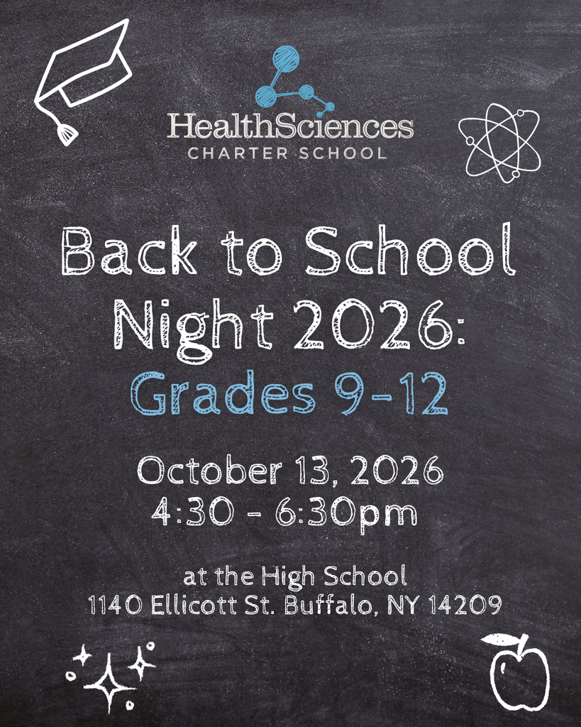 Event announcement graphic for Health Sciences Charter School High School Back to School Night on October 13, 2026, from 4:30 to 6:30 PM at 1140 Ellicott St, Buffalo, NY.