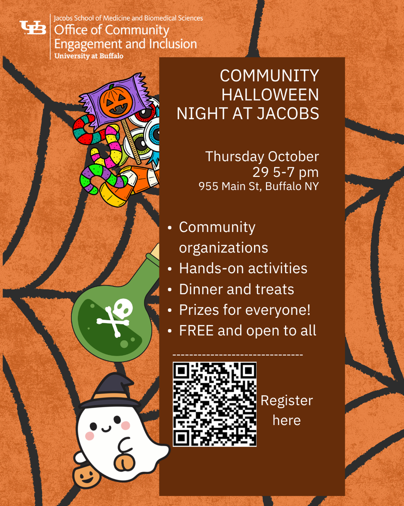 Promotional flyer for "Community Halloween Night at Jacobs," hosted by the UB Jacobs School of Medicine Office of Community Engagement and Inclusion. Event details: Thursday, October 29, 5–7 PM at 955 Main St, Buffalo, NY. Highlights include community organizations, hands-on activities, dinner, treats, and prizes. Free and open to all. Includes a QR code to register.
