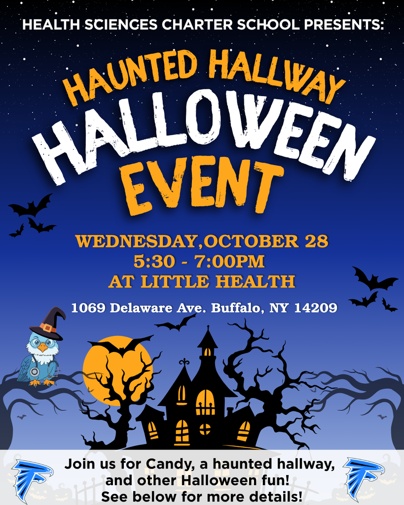Health Sciences Charter School Haunted Hallway Halloween Event flyer for Wednesday, October 28 from 5:30 to 7:00 PM at Little Health, 1069 Delaware Ave, Buffalo, NY.