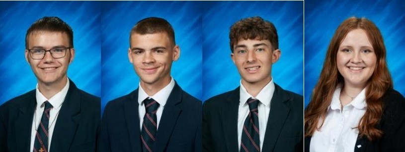 head shots of students in navy blazers and ties and one in a white oxford and cardigan