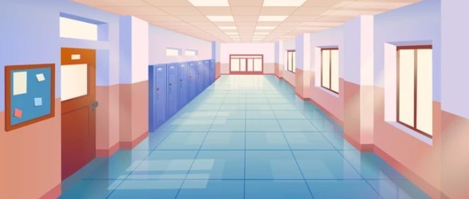 Cartoon image of an empty school hallway