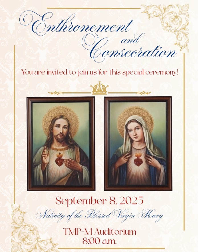 Images of Jesus and Mary on a rose colored background