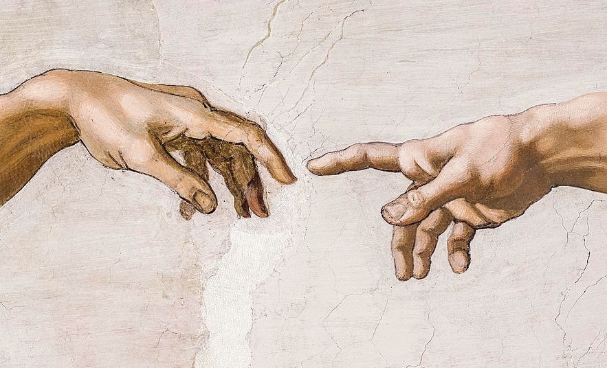 Hand of God reaching out to Adam's hand picture