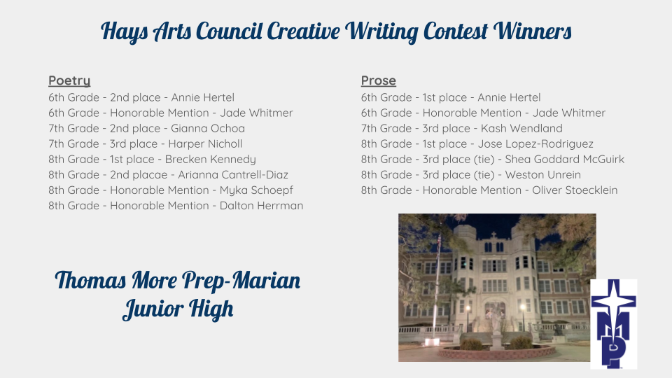 TMP-M Junior High students placed in the Hays Arts Council Writing Contest.