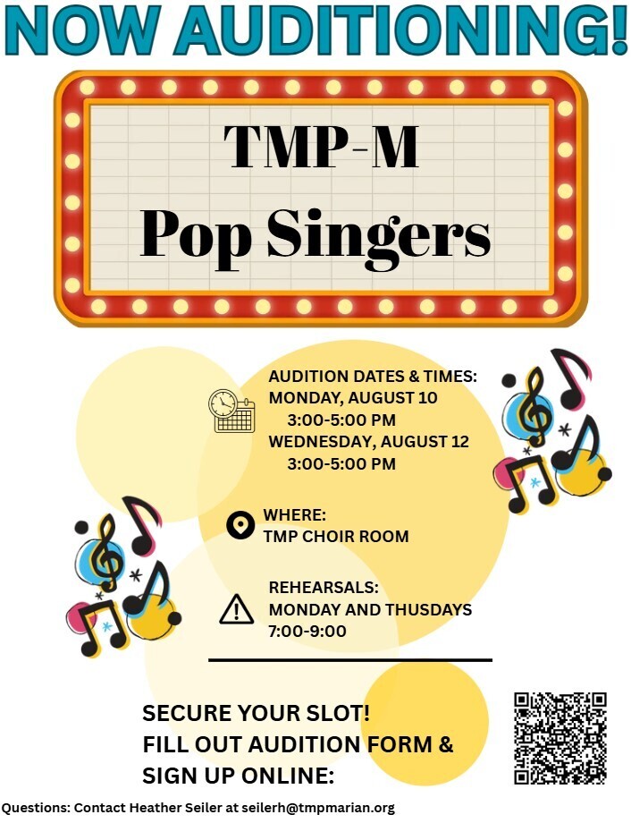 Pop Singers audition text on a rectangular lit marquee background