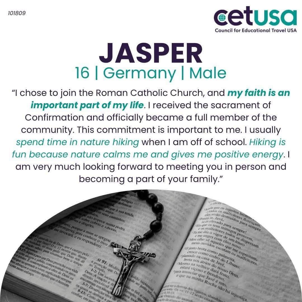 International student bio above an image of a rosary on top of an open Bible.