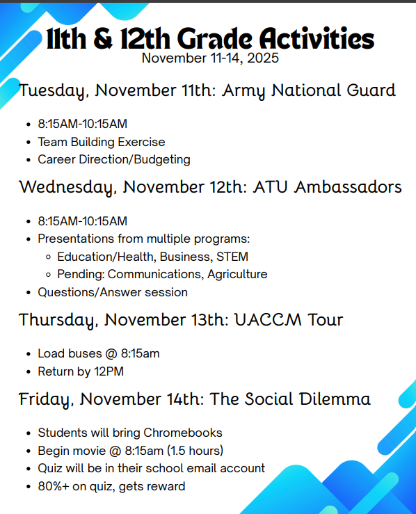 Due to testing, juniors and seniors will follow a different schedule for the week of November 11-14. Please contact Mr. Riley with any questions or concerns: ryan.riley@hectorschools.net