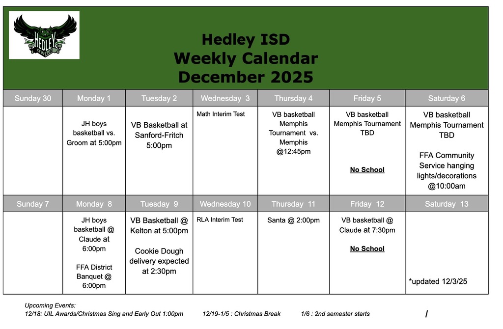 Updated Weekly Calendar 12/3/2025