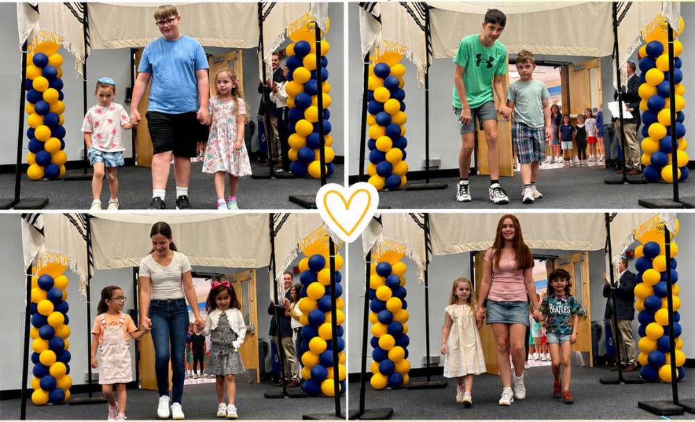 eighth graders walk their kindergarten buddies under the chuppah into Opening Ceremony