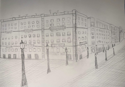 wo-point perspective drawing of a Roman city block