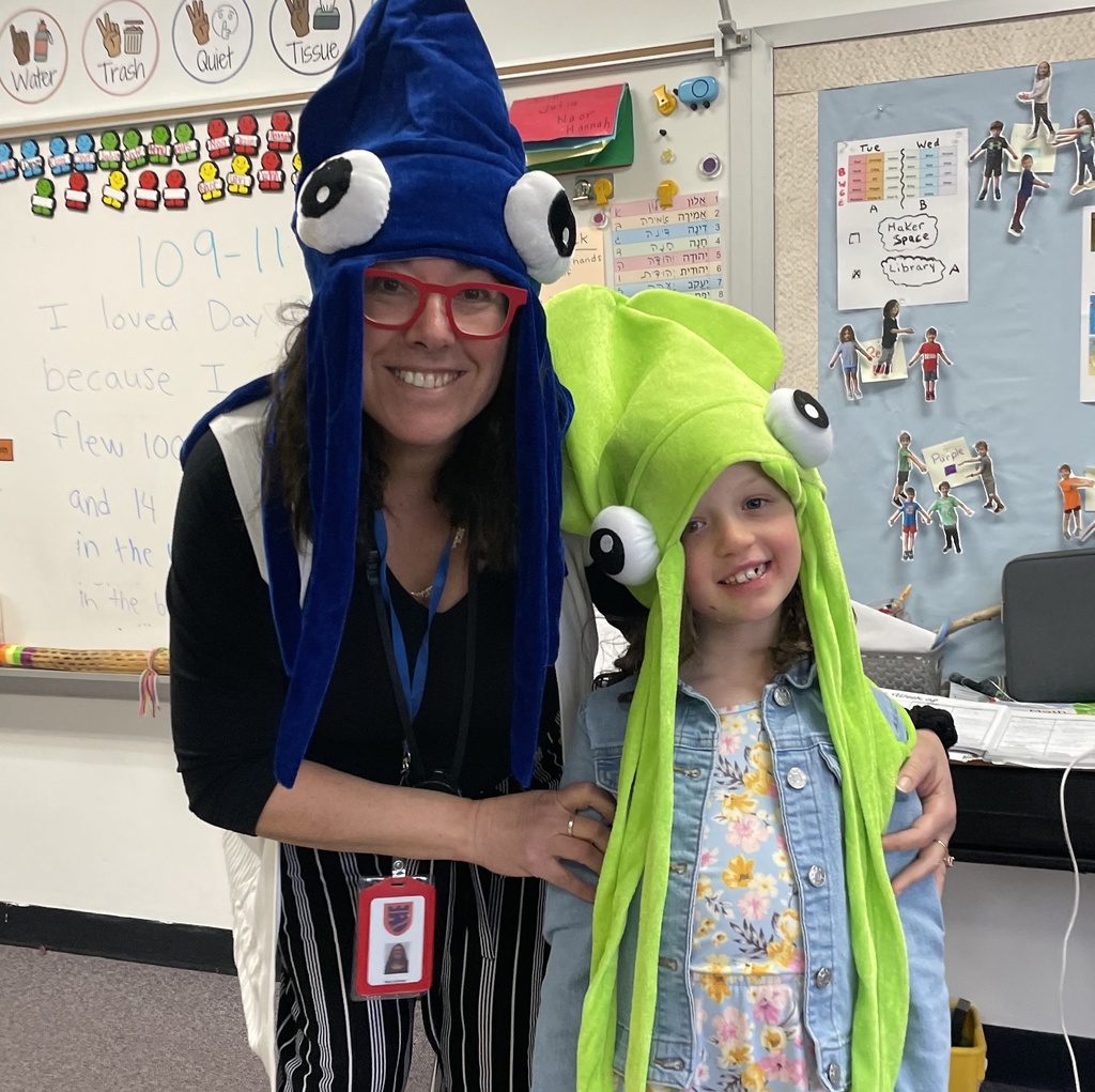teacher and student wear squid hats