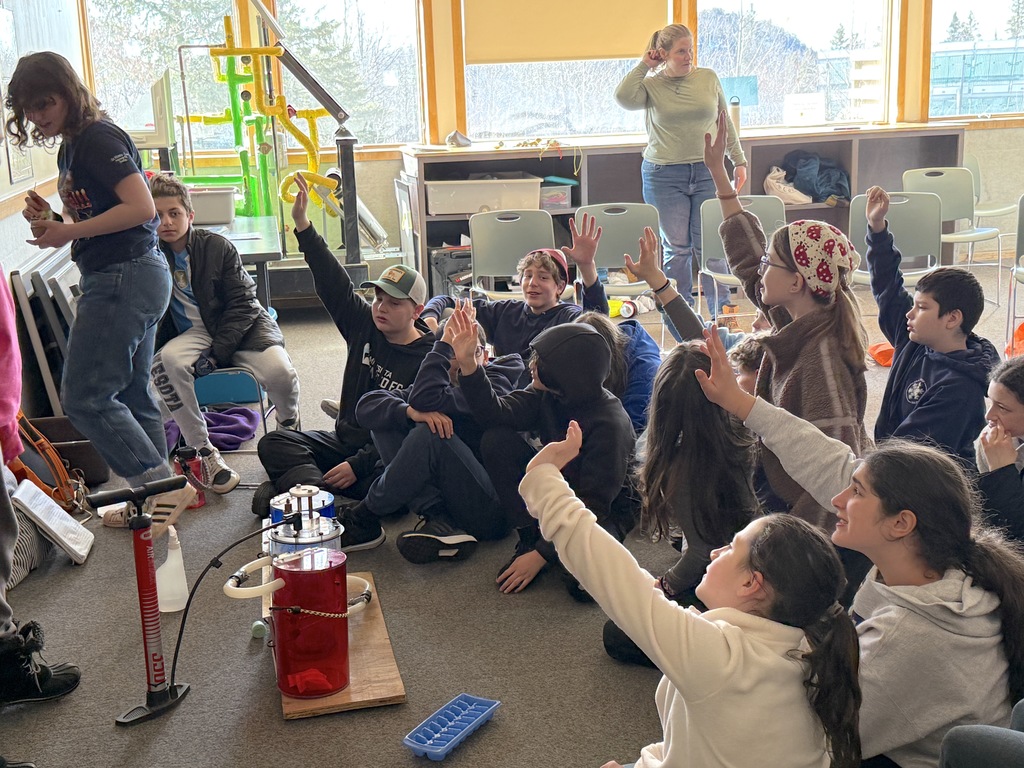 students raise hands