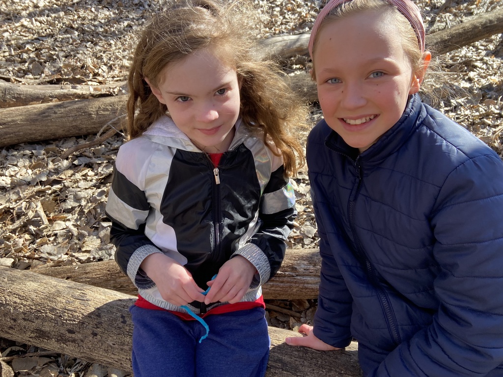 students sit on log