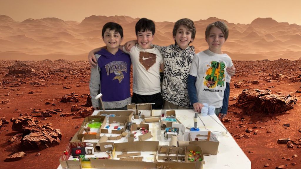 student team with Mars colony, Mars landscape background