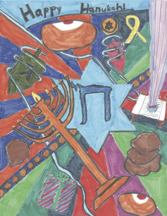 Elliot R.'s Chanukah art: chai in star of david, color burst, chanukiah, spinning dreidels, yellow ribbon for Israel's hostages, sufganiyot, present, gelt, latkes, happy hanukah