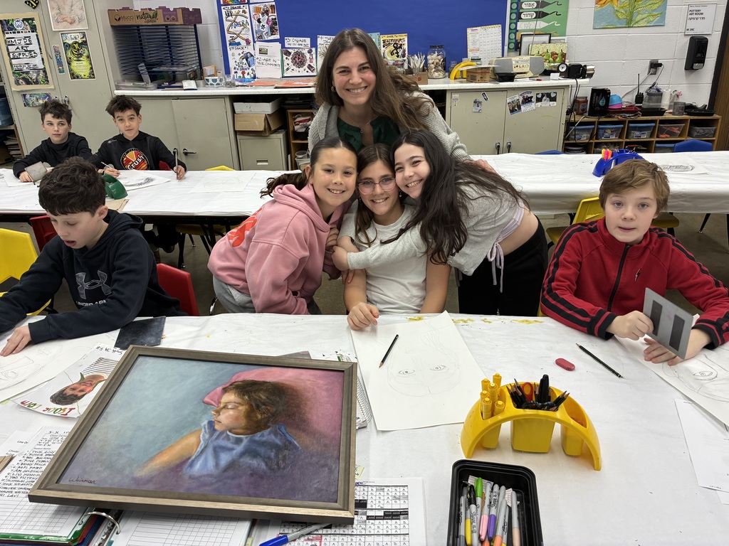 visiting artist/SJA parent with students and one of her portraits: sleeping girl in blue top with head halfway on pink pillow