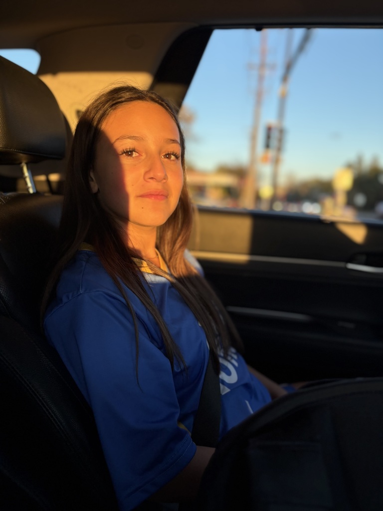 girl sits in car with golden light shining on her face