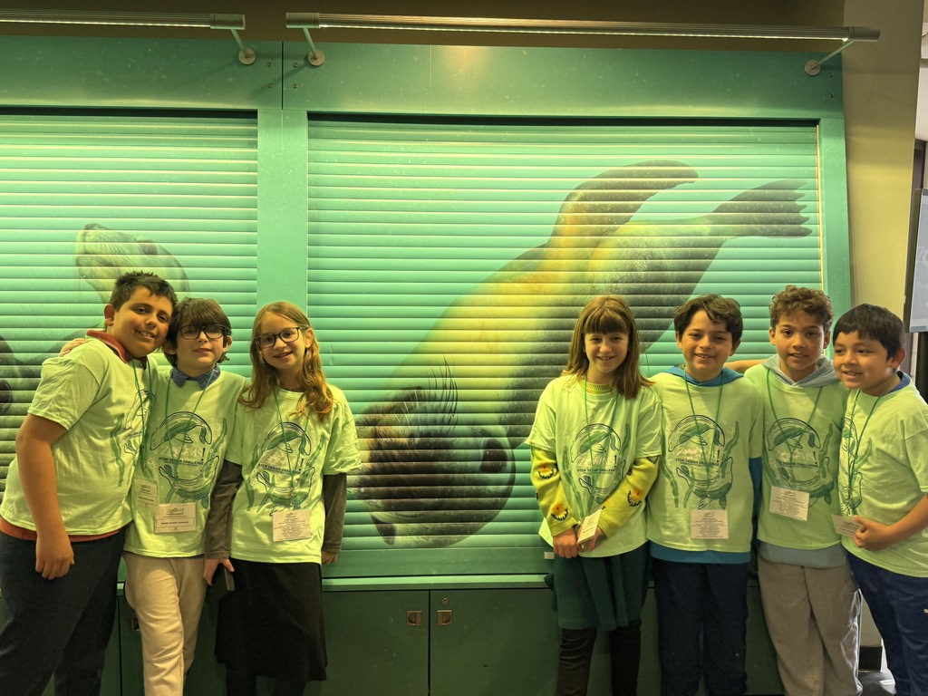 third grade teams pose with sea lion artwork