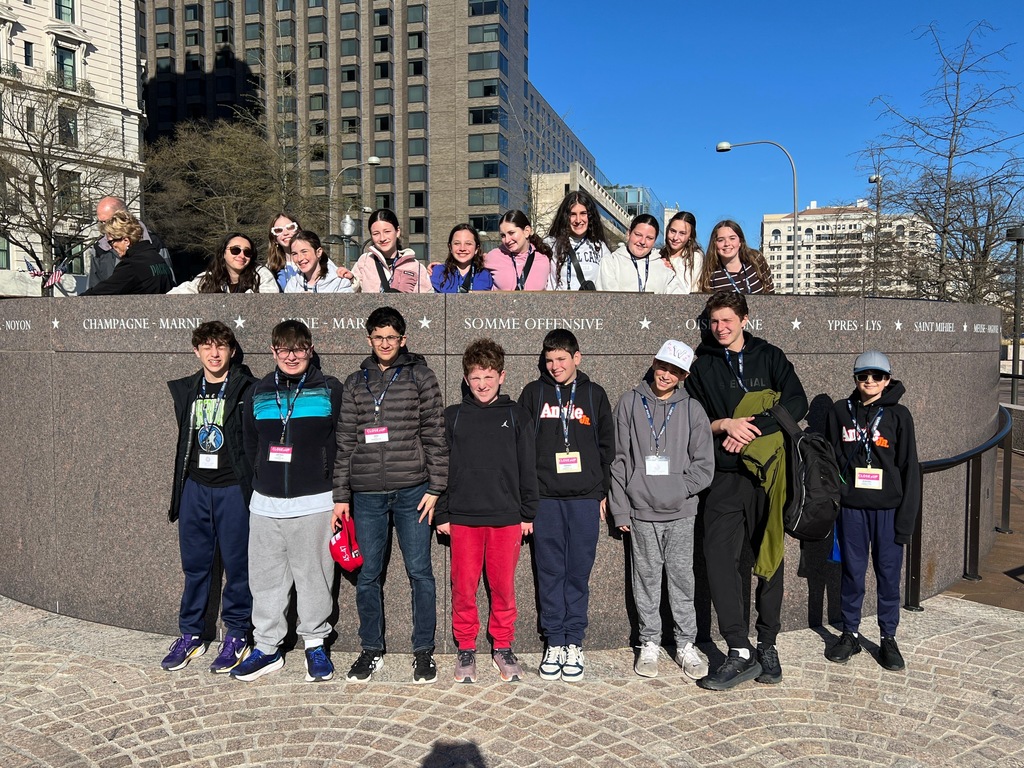 Seventh graders pose in front of the Belvedere at the National World War I Memorial in Washington, D.C.