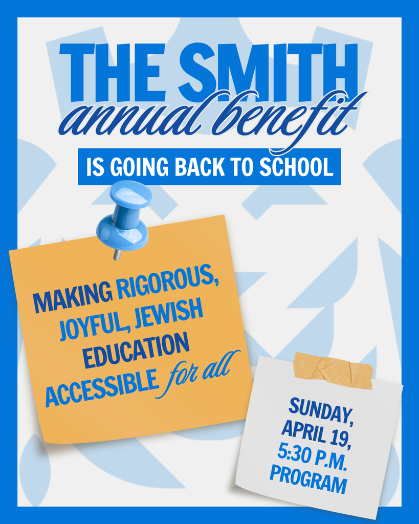 graphic: The Smith Annual Benefit is going back to school, making rigorous, joyful education accessible for all Sunday, April 19, 5:30 p.m. program. SJA lion, post it notes