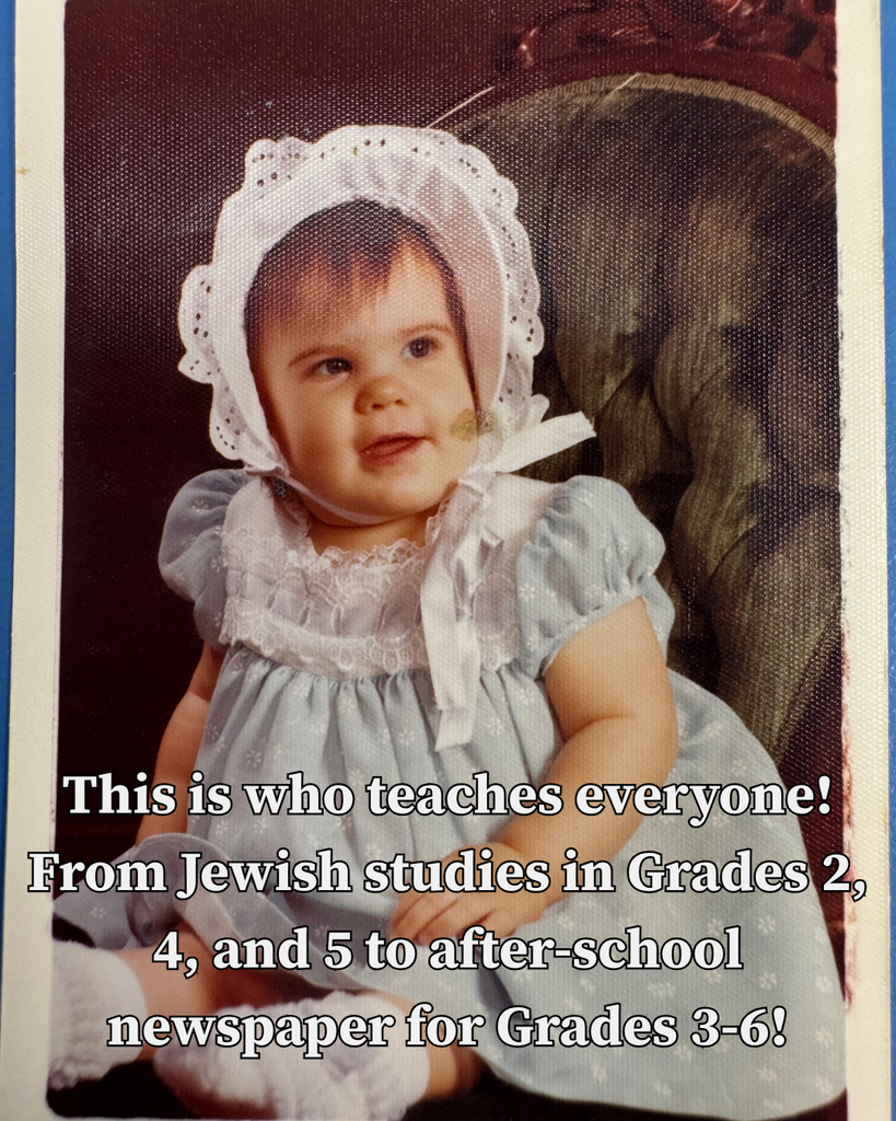 little girl in blue dress and lace bonnet: This is who teachers everyone from Jewish studies in Grades 2, 4, and 5 to after-school newspaper for grades 3-6!