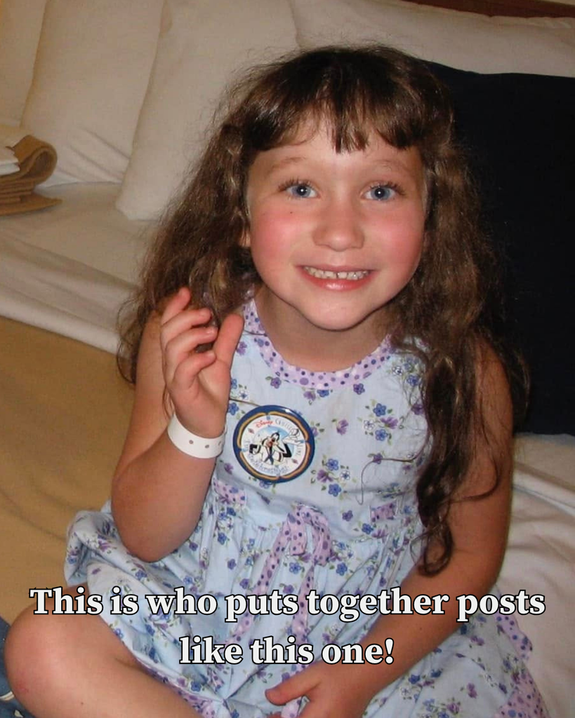 young girl in blue dress with Disney pin: this is who puts together posts like this one!