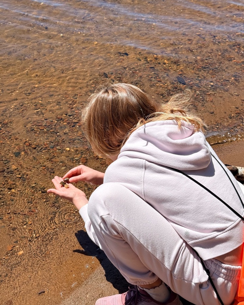 student examines rocks at beach