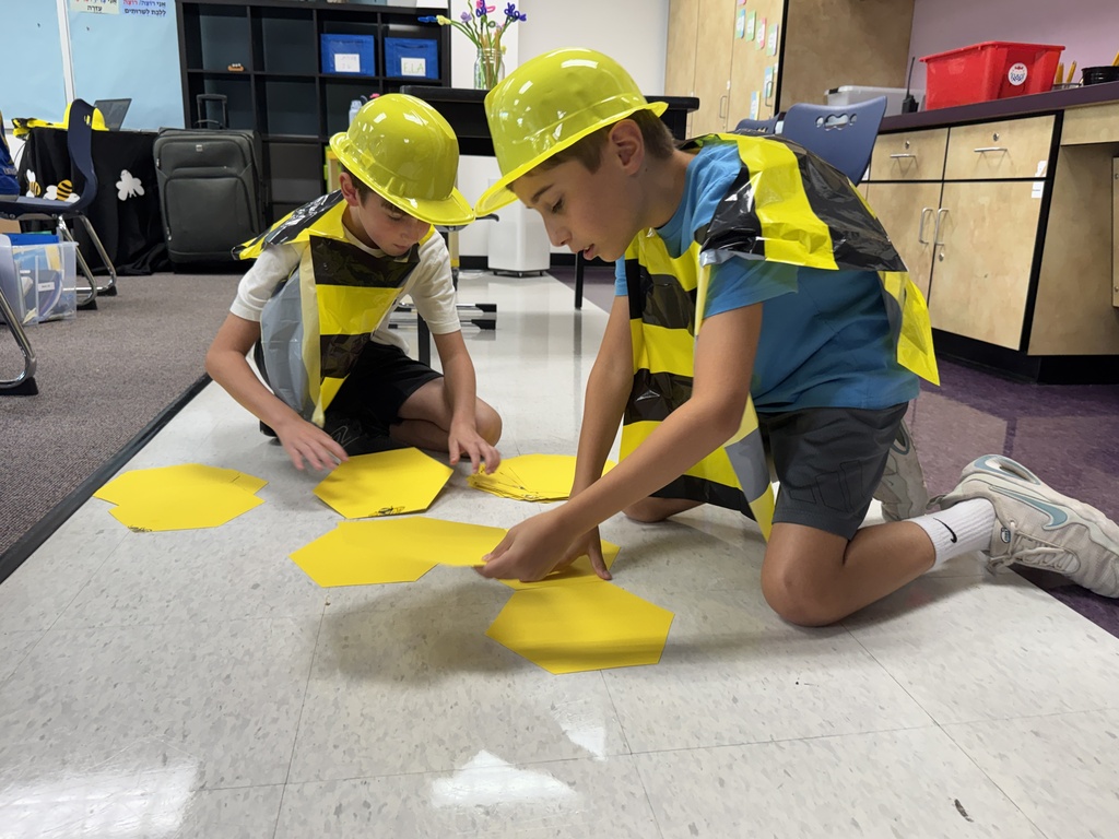 students in bee costume and construction helmets lay out hexagonal cells