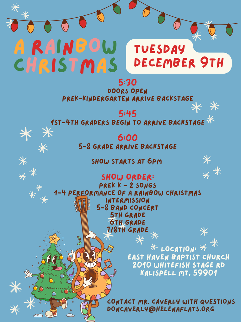 Rainbow colored flyer with falling snow, a dancing tree and guitar, and text describing the times of arrival, show order,  location, and point of contact.