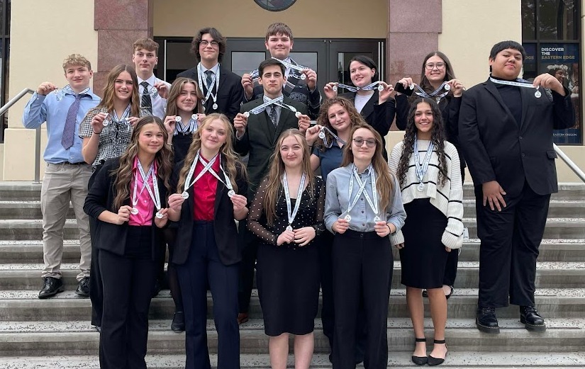 Helix FBLA members showcasing their medals after attending the regional conference at EOU
