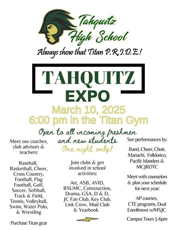Tahquitz High School Useful Links District Site Español Seleccionar idioma​▼ Social Media - Header Search Facebook Twitter Peachjar Anonymously Report Bullying About Academics Athletics Activities Students Parents Staff Resource Center (THS Staff Only) Titan Expo