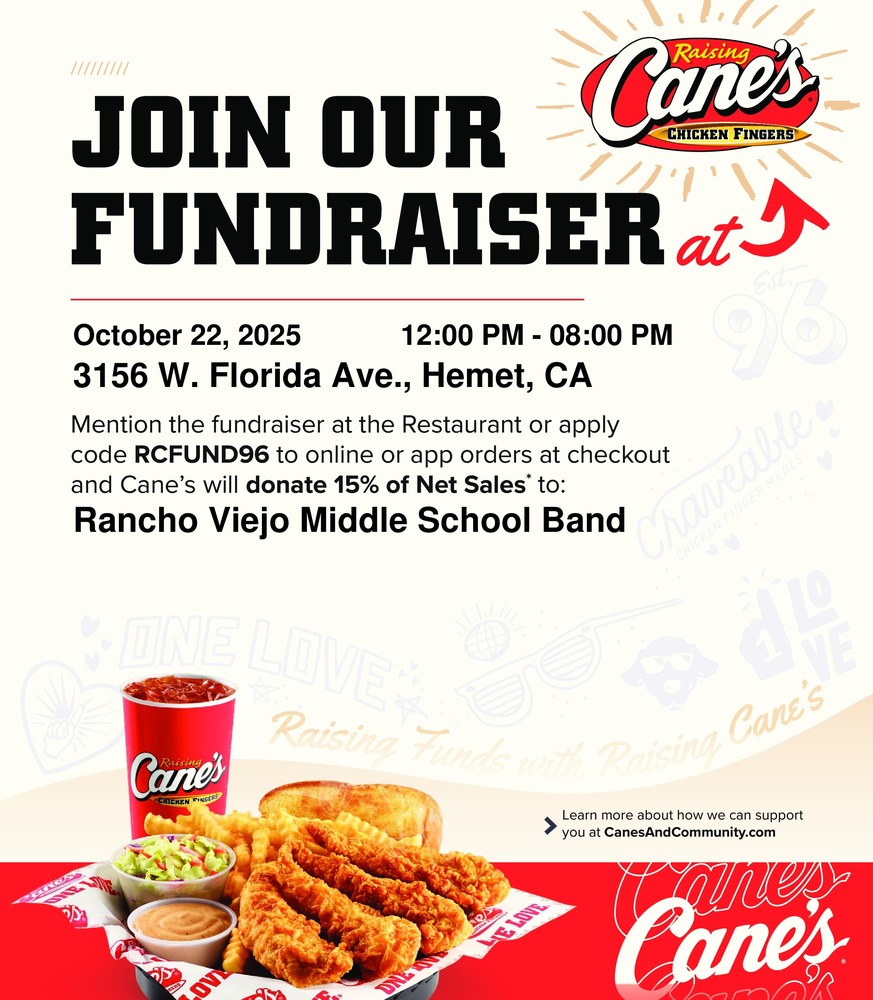 Red and white background with picture of Cane's food and invitation to join fundraiser Oct 22nd