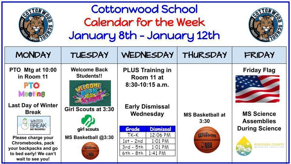Cottonwood's Week At a Glance for the Week of January 8th