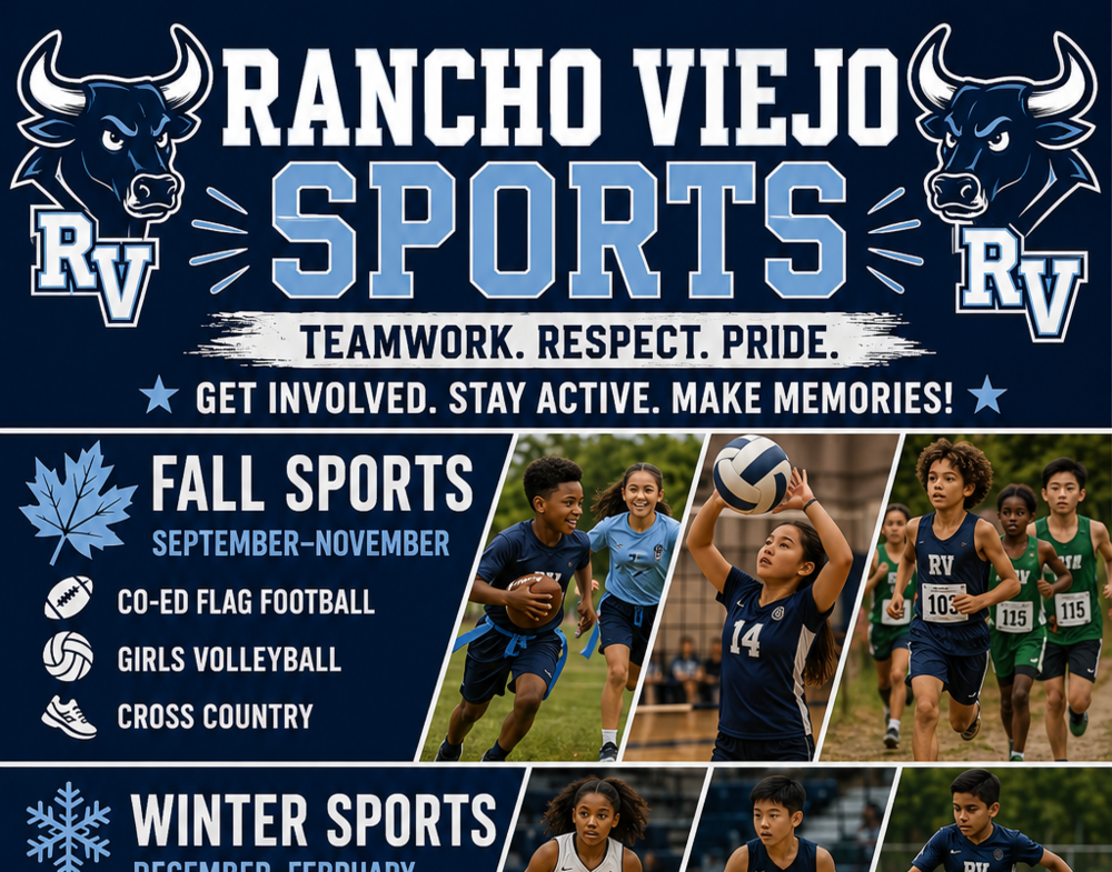 Rancho Viejo Middle school Sports offerings listed by fall, winter and spring. Blue background with photos of kids playing sports