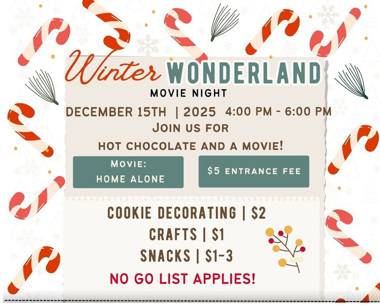 Holiday theme Winter Wonderland flyer. Dec 15th movie.