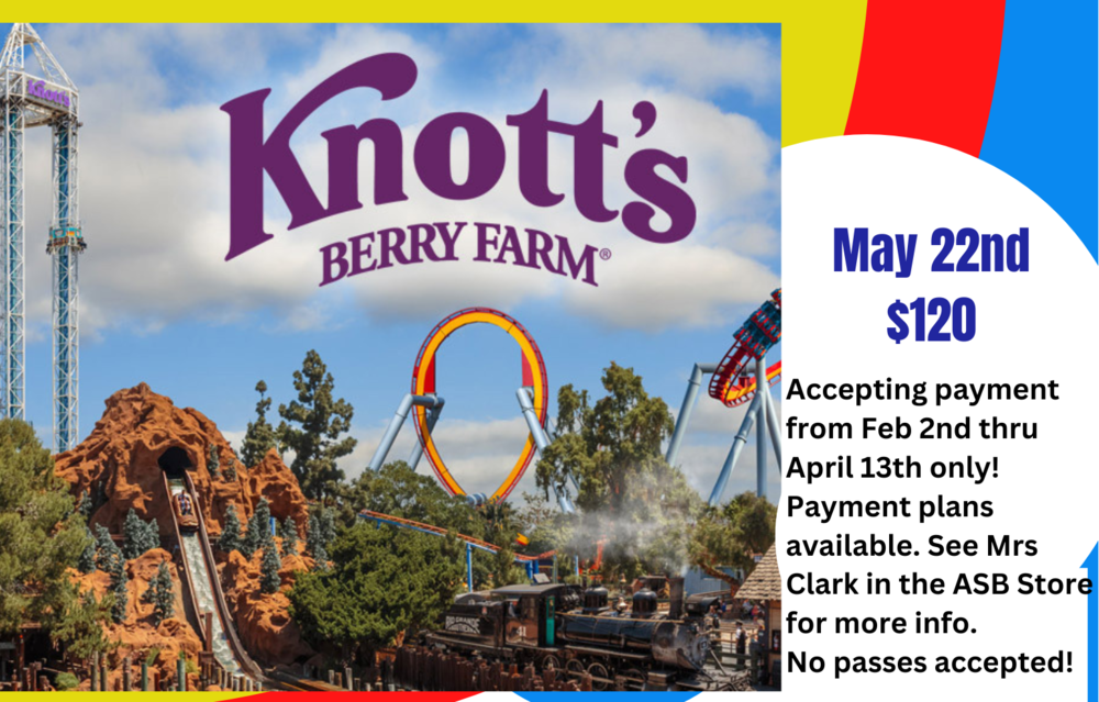 8th Grade Jr Grad Night at Knott's. Brightly colored  image with text information