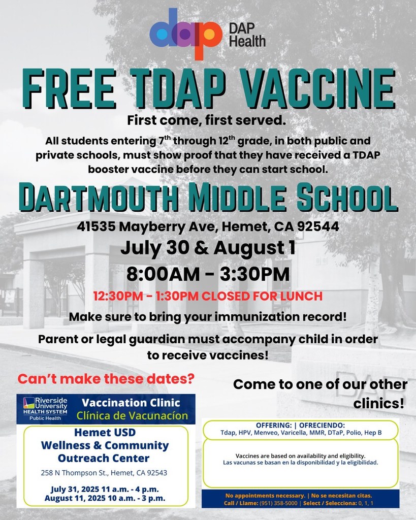 information about TDAP v accine and dates for community participation
