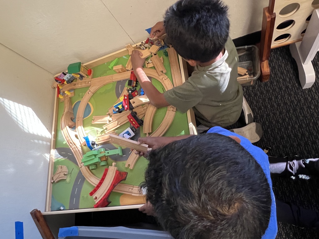 Setting up the train tracks.