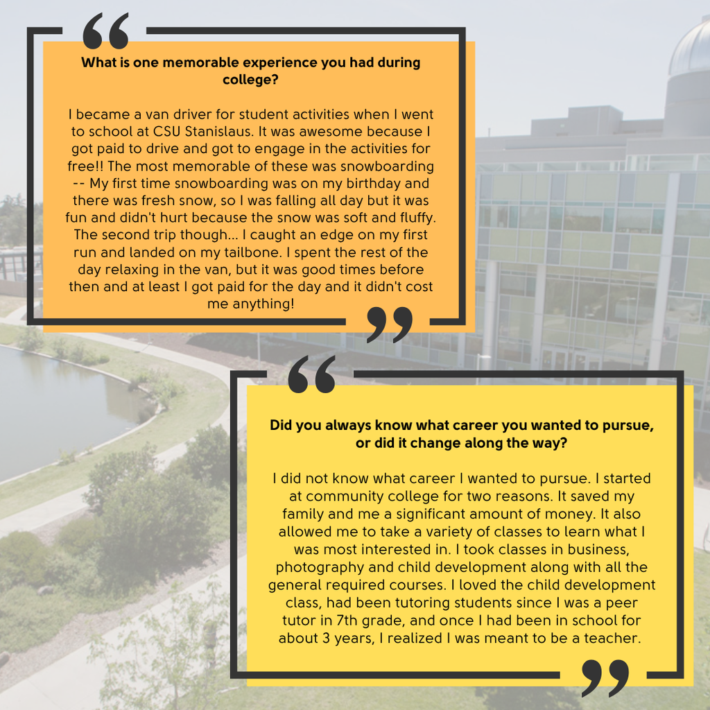 Answered questions about Kari's college experience.