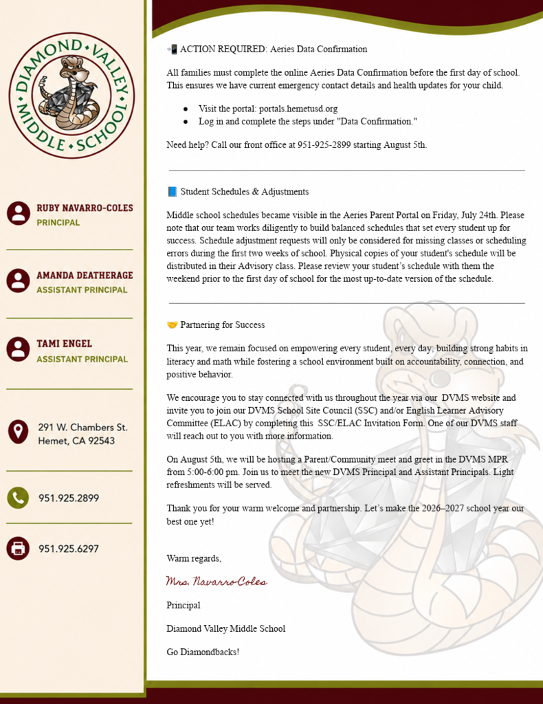 Parent letter from the principal. 
