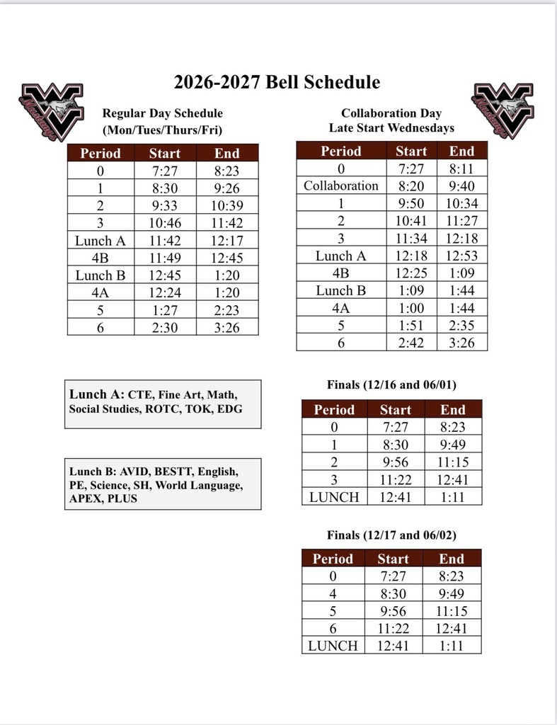 Bell Schedule 2026–2027 for West Valley High School, showing the start and end times for each class period, including regular school days, late-start Wednesdays, and dismissal times