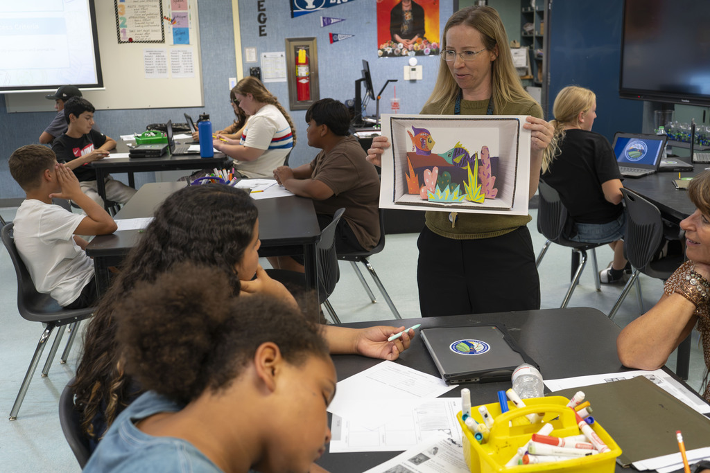 teacher instructing students in art class