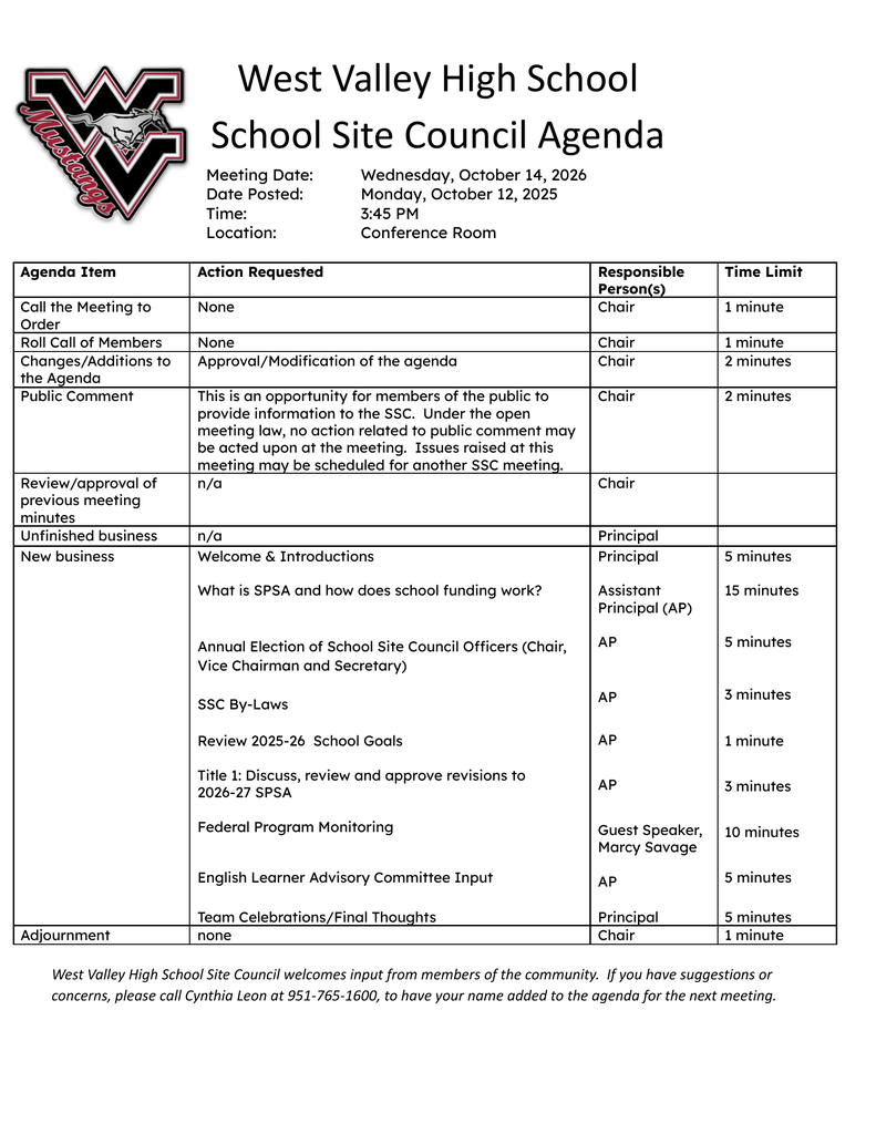 West Valley High School School Site Council (SSC) meeting agenda for Wednesday, October 14, 2026, at 3:45 PM in the Conference Room. Agenda topics include SSC officer elections, school goals, school funding, SPSA updates, Federal Program Monitoring, and English Learner Advisory Committee input.