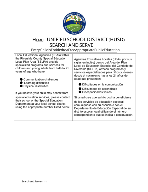 Hemet Unified School District - Search and Serve