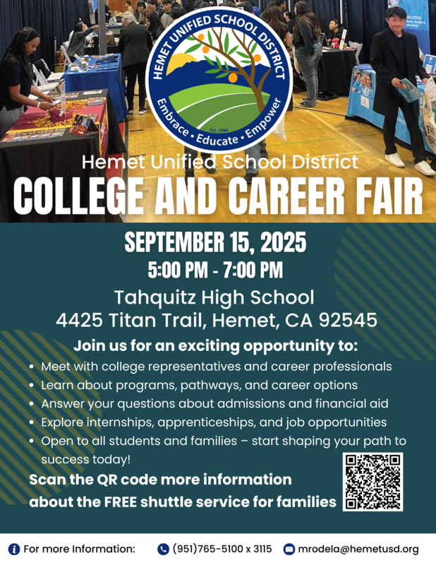 College and Career Fair Flyer - Details for Event at Tahquitz High School